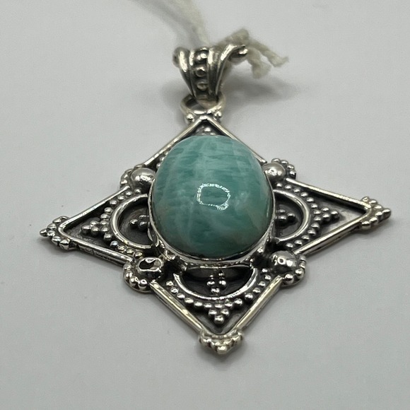 Sterling Silver Amazonite Pendant Oval Cabochon Gemstone Vintage Style 925 - Picture 2 of 9